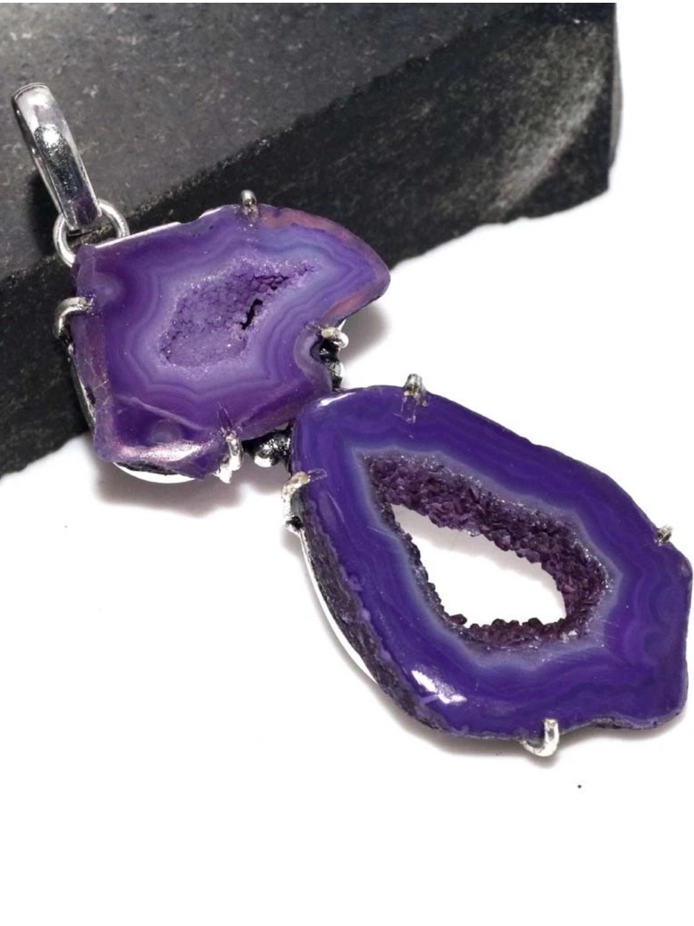 Purple Agate Druzy Necklace Pendant 925 Sterling Silver Overlay Geode Boho 2.6”